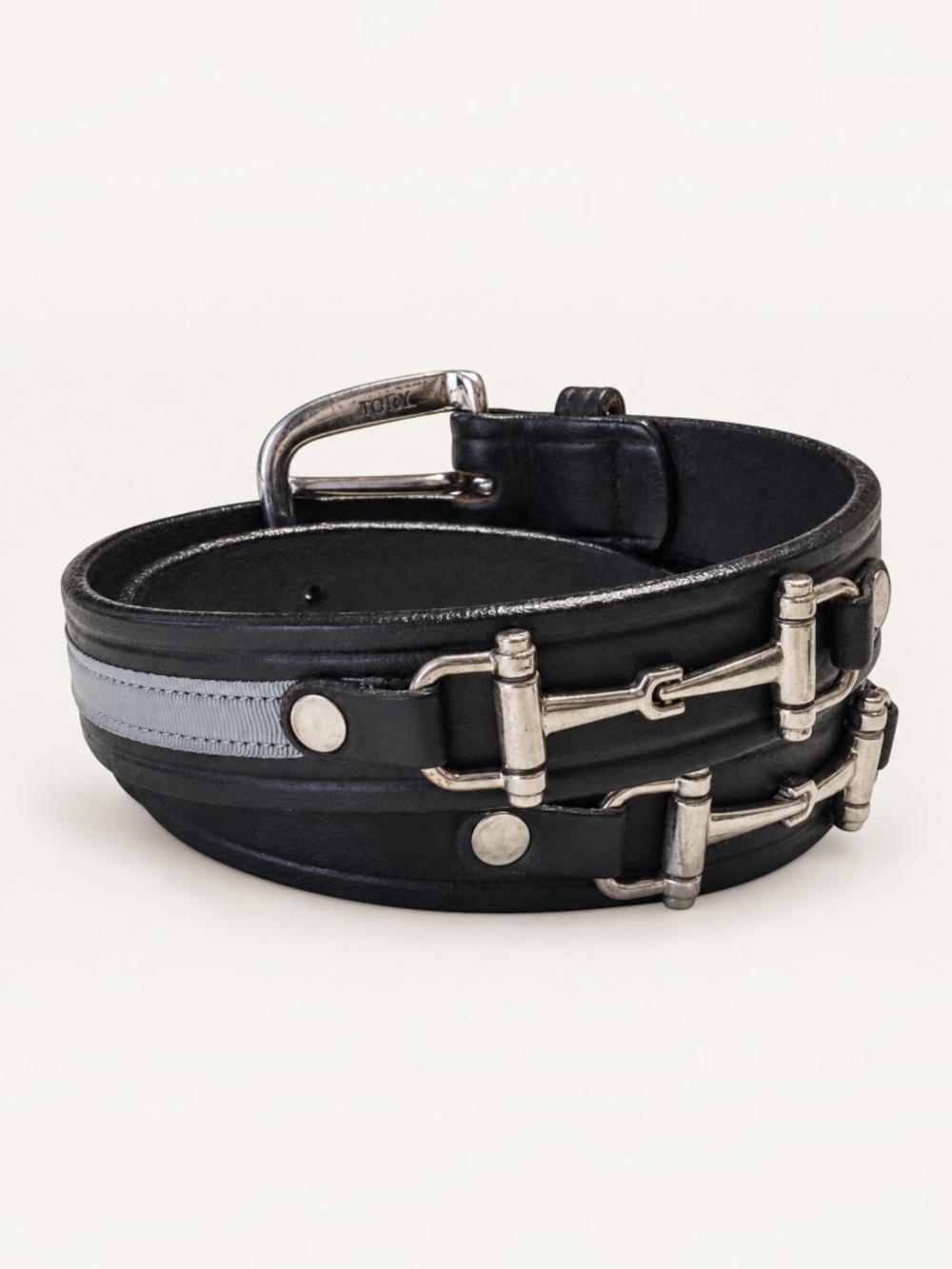 Tory Leather Snaffle Bit Belt 26 Black Leather Gray Ribbon Classic Equestrian
